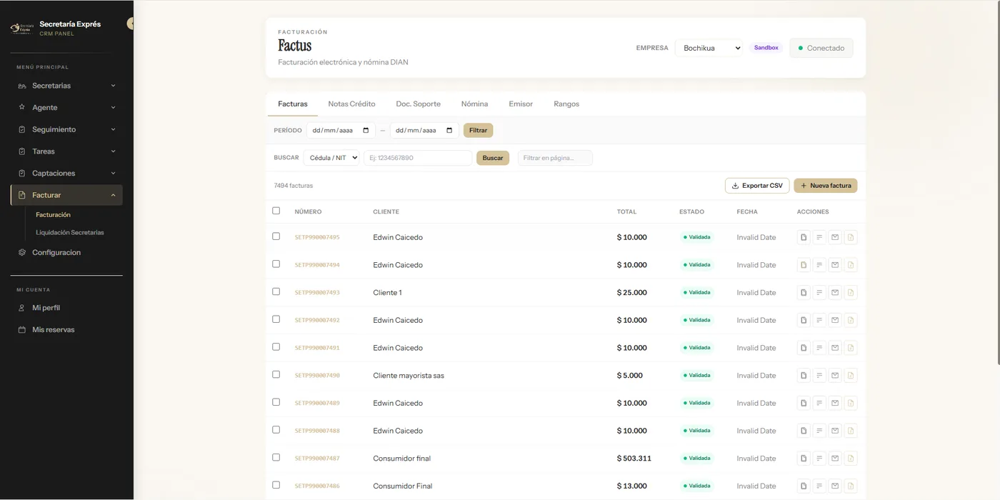 Módulo de facturación electrónica Factus del CRM con facturas validadas ante la DIAN
