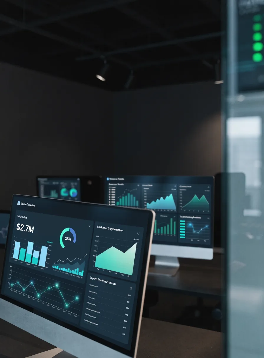 Monitores con gráficos de ventas y segmentación de clientes